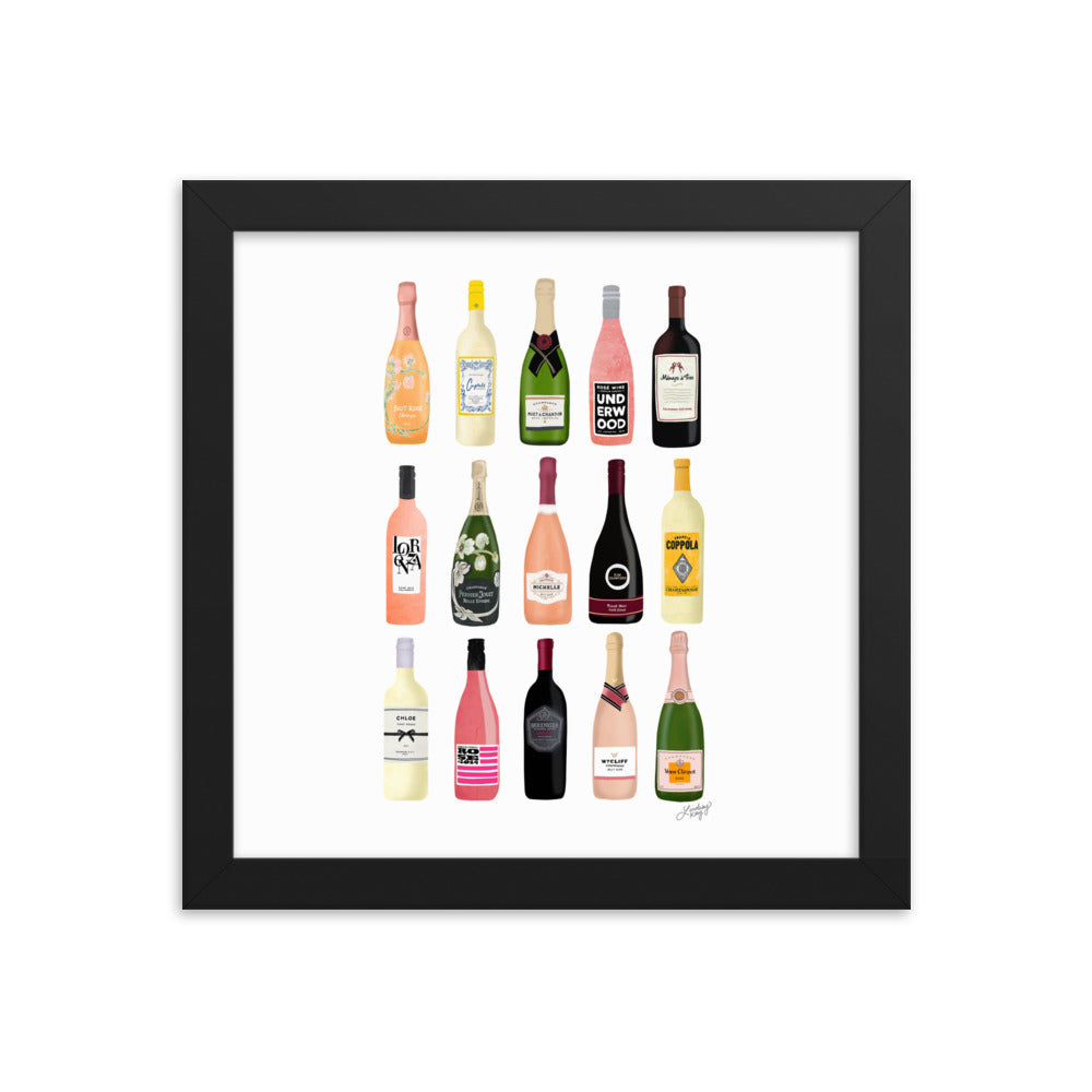 Ilustración de botellas de vino y champán - Lámina mate enmarcada